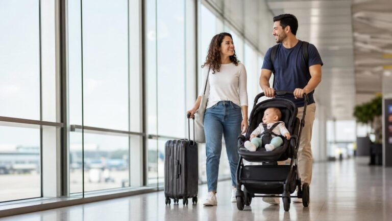 Família com carrinho de bebê em aeroporto antes de embarcar